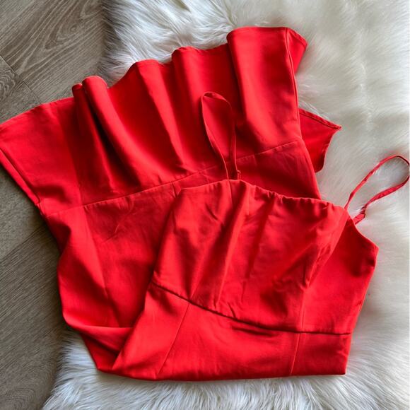 Lulus Irresistible Ways Red Orange Ruffled Midi Dress size medium - Picture 2 of 8